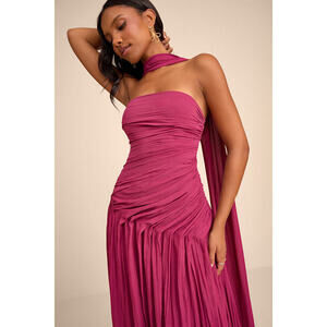 Lulus Nellie Berry Pink Pleated Maxi Dress And Scarf Set - Size S